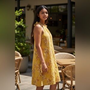 Linen Floral Yellow Sleeveless Dress Italian Size S